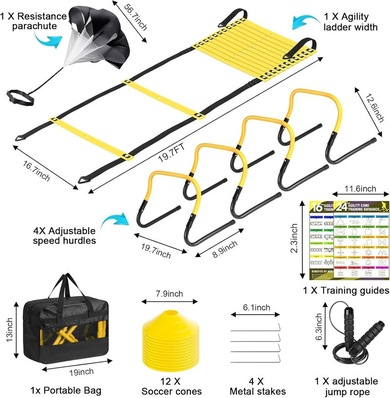 BORNEW Agility Speed Training Equipment Set, Football Practise Set with 20ft Agility Ladder, 12 Cones, 4 Adjustable Hurdles, Jump Rope, Parachute, for Basketball, Soccer, Football, Kids, Youth, Adults - Image 2